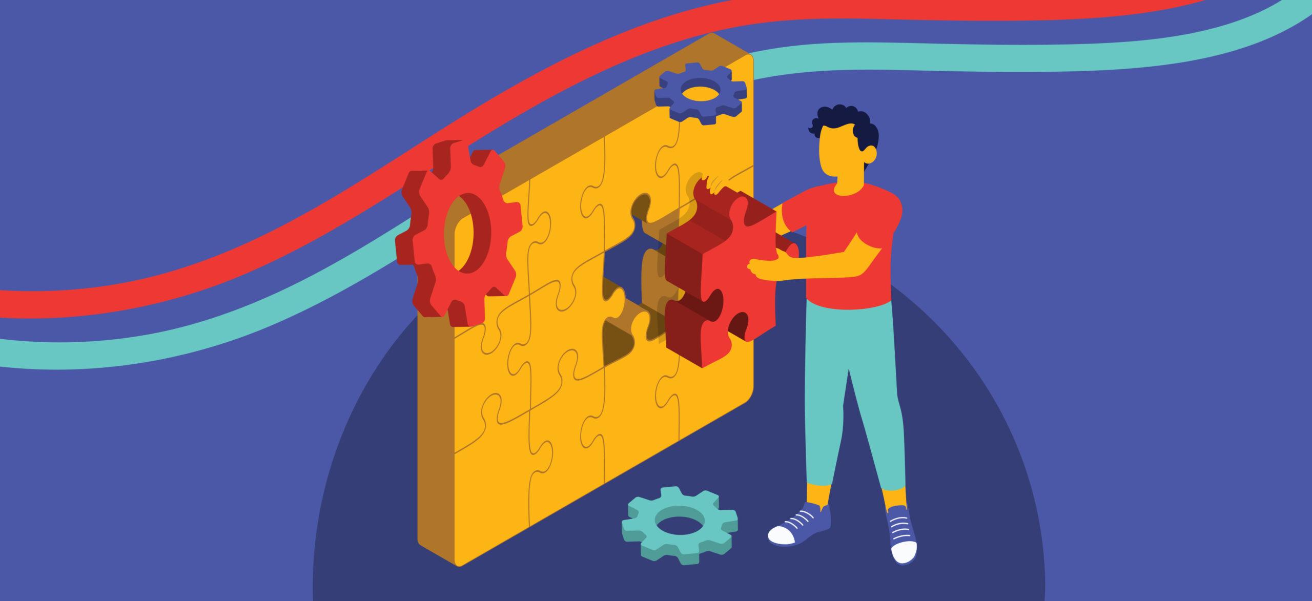 person putting a puzzle piece in a wall