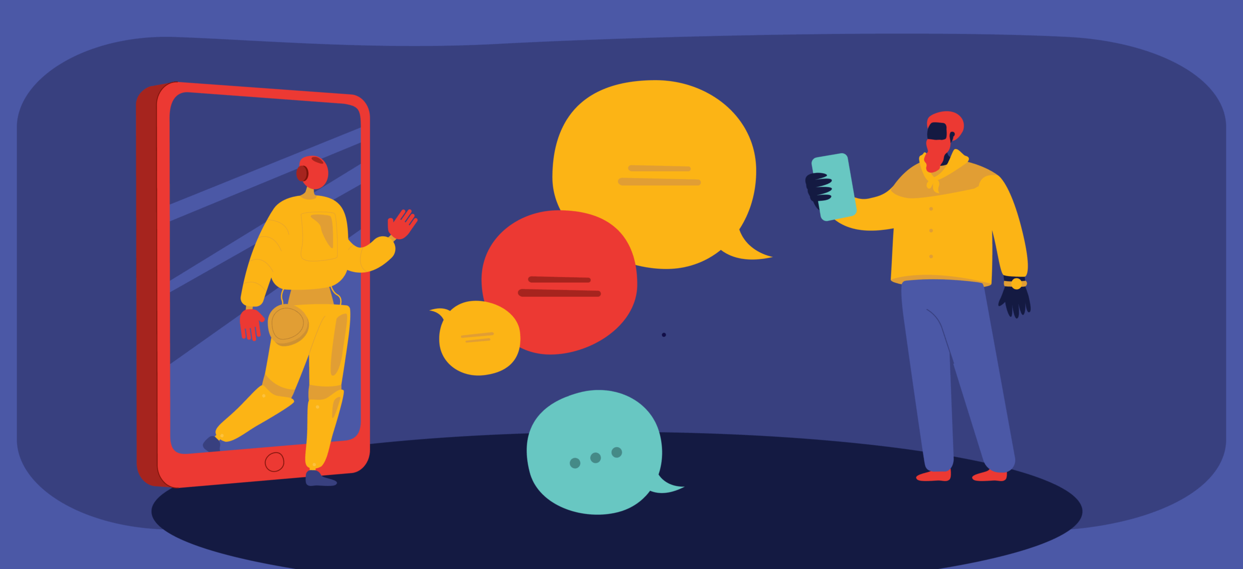 Two illustrated figures communicate using smartphones; one stands with a phone, while the other appears to be stepping out of a large phone screen. Colorful speech bubbles float between them on a blue background.