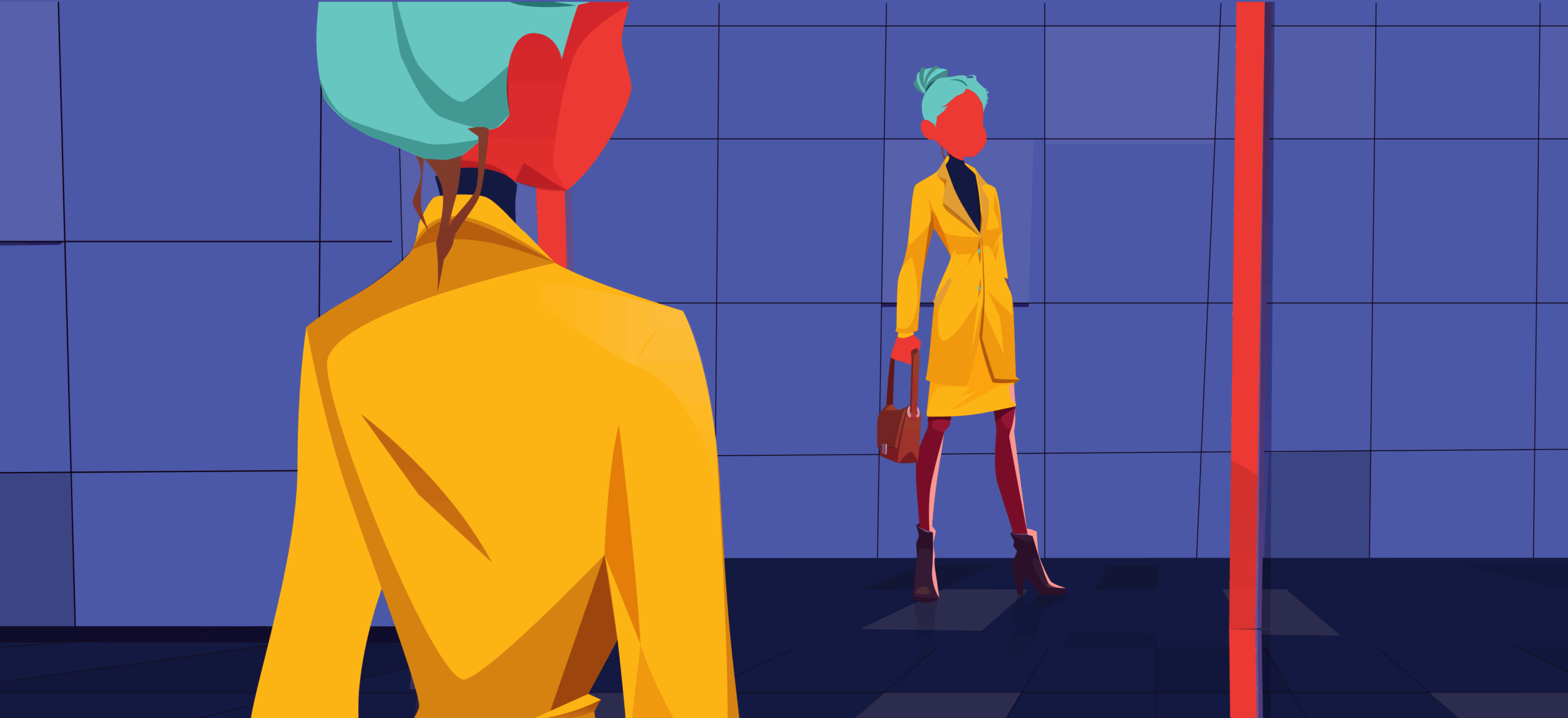 An abstract illustration of a person with teal hair in a yellow coat standing in front of a mirror, with their reflection visible against a tiled blue wall. The person holds a brown bag and wears ankle boots.